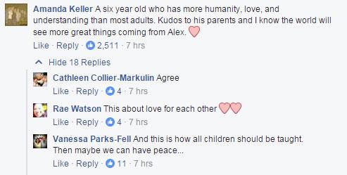 Amanda Keller's comment on Facebook: 'A six year old who has more humanity, love, and understanding than most adults. Kudos to his parents and I know the world will see more great things coming from Alex'