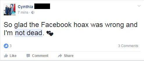 'So glad the Facebook hoax was wrong and I'm not dead'