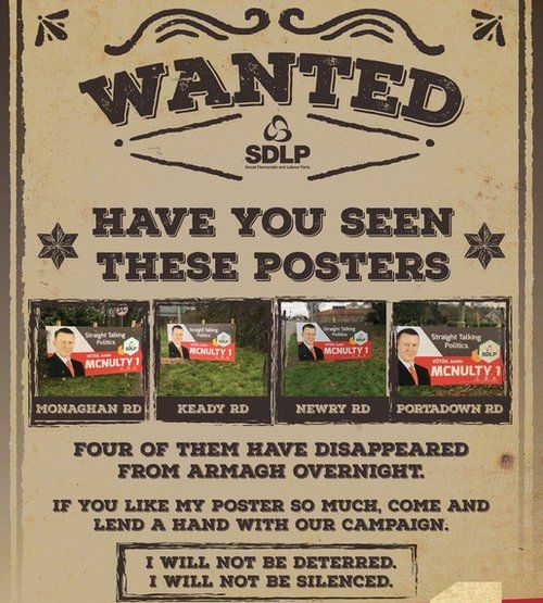 Justin's McNulty's poster, which reads: 'Wanted - have you seen thes eposters?'