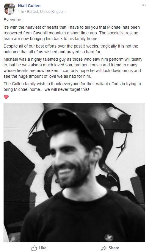 Michael Cullen's brother Niall wrote a facebook post on a page aimed to help find Michael