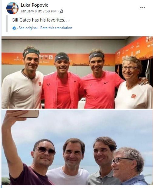 Пост в Facebook, показывающий теннисистов, включая Роджера Федерера и Рафаля Надаля с Биллом Гейтсом
