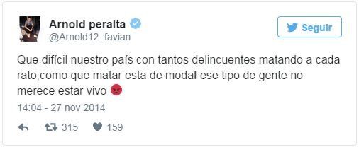 A tweet sent by Arnold Peralta last year in which he lamented the rise of violent crime in Honduras