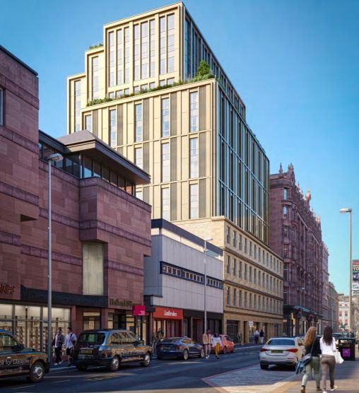 Projected architects image of the Queen St site showing the addition of the 14-storey proposed building which is cream and features a large number of rectangular windows