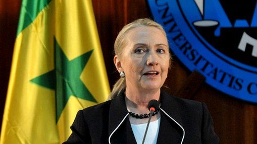 Hillary Clinton speaking at Cheikh Anta Diop University in the Senegalese capital Dakar on 1 August 2012