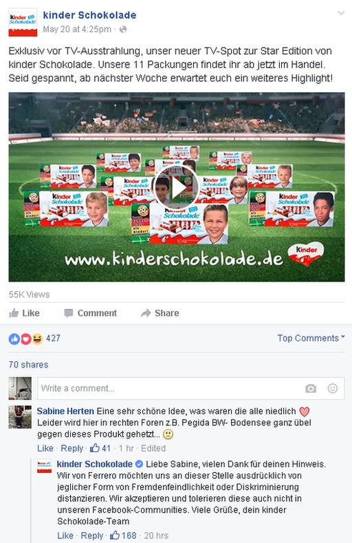 Screenshot of Kinder announcing its Euro 2016-linked marketing with a video, and one commenter tells them about the row on the Pegida page