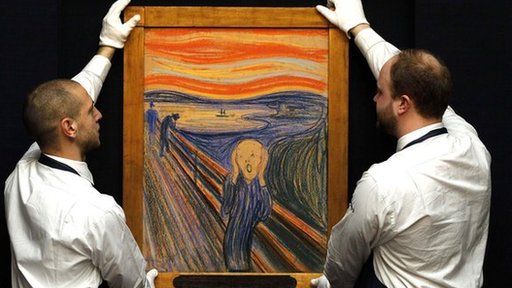 Two art handlers hold Munch's Scream artwork