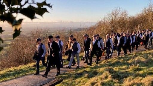 Mike McGrother accompanied by members of male voice choir Infant Hercules walk through countryside