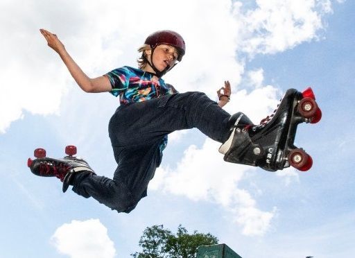 A rollerskater in the air at the Nailsea skate festival 2024