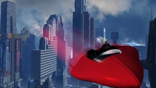 A future cityscape with flying car