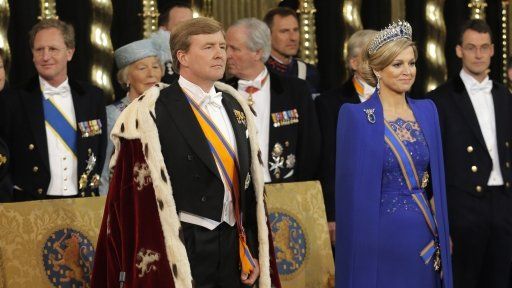 HM King Willem-Alexander of the Netherlands with his wife Maxima and members of the royal household during his inauguration ceremony at the New Church in Amsterdam, 30 April 2013
