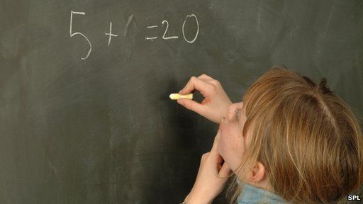 A child thinking about a sum at the blackboard