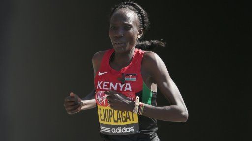 Edna Kiplagat of Kenya in action in the Womens Elite section during the Virgin London Marathon 2013 on April 21, 2013 in London, England.