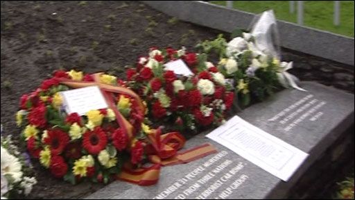 Wreaths laid at a memorial service for those who died in the Omagh bomb on the 10th anniversary in 2008.