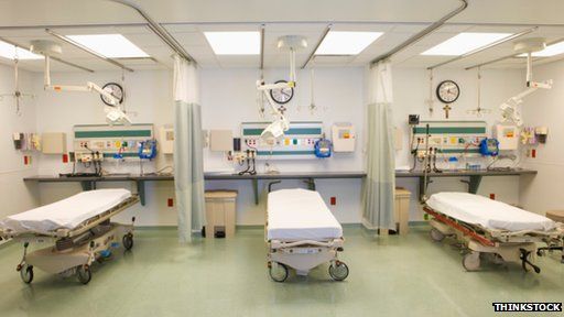 three hospital beds in a row