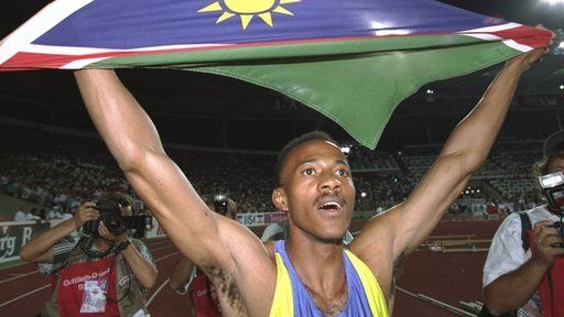 Frankie Fredericks celebrating after winning the 200 Metres final at the 1993 World Championships in Stuttgart, Germany. Credit: Mike Powell/Allsport