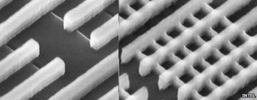 Planar and tri-gate chips under microscope