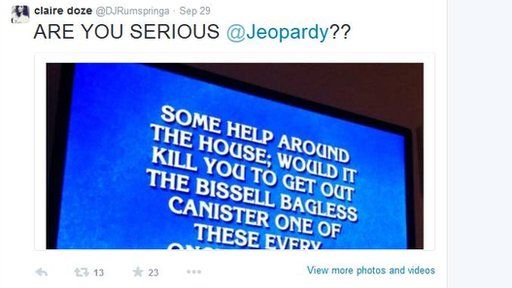 Claire Schlissel tweets a picture of a provocative Jeopardy question.