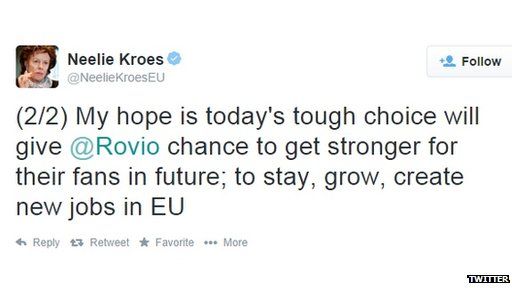 European Commisson vice-president Neelie Kroes tweets about Rovio's job cuts