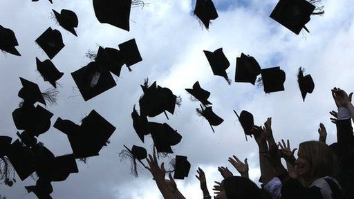 Students throwing mortarboards into the air