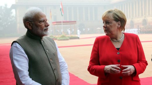 Indian Prime Minister Narendra Modi (L) and Chancellor of Germany Angela Merkel (R) talk at Rashtrapati Bhavan, India"s presidential palace in New Delhi, India, 01 November 2019