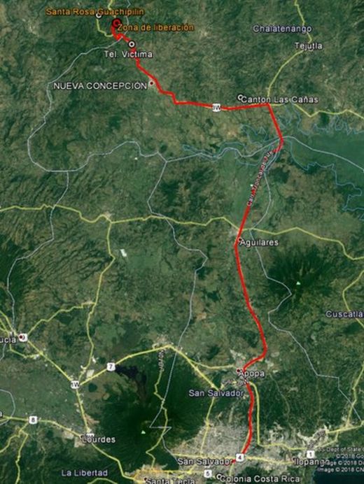 Mapa del recorrido que supuestamente hizo Mario Huezo desde su casa para tirar el cuerpo de su compañera sentimental, Karla Turcios.