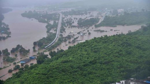 An aerial view of the train caught in flooding