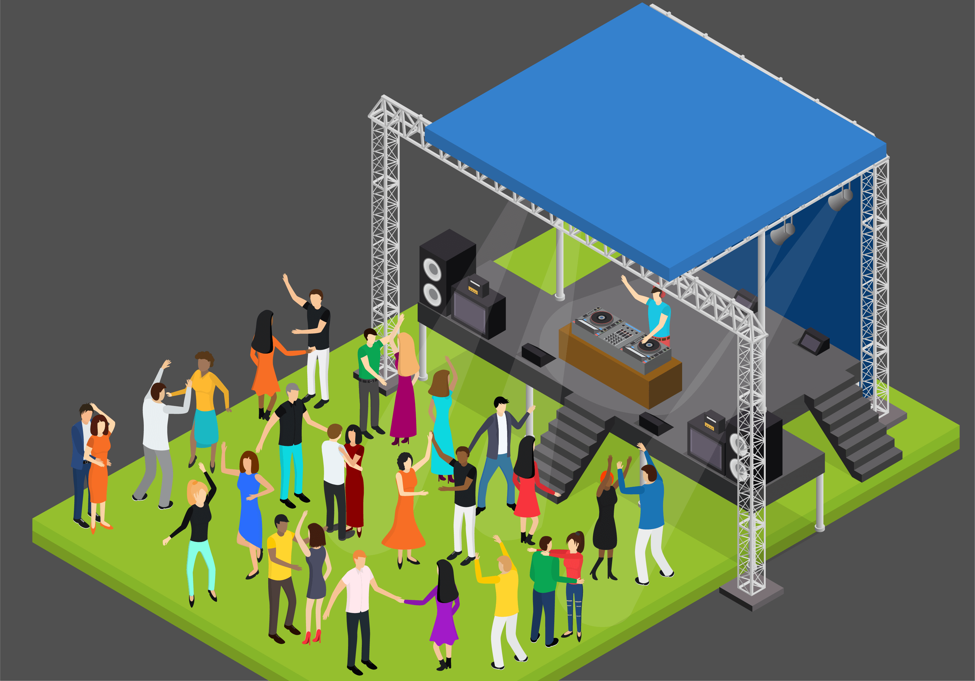 Ilustraci&oacute;n isom&eacute;trica de una fiesta con gente bailando.