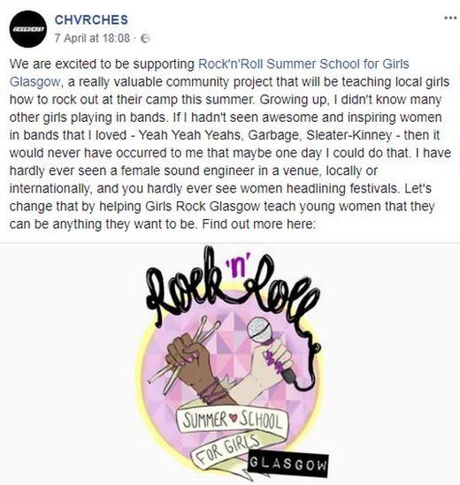 A post from Chvrches on facebook which says they're supporting the summer school