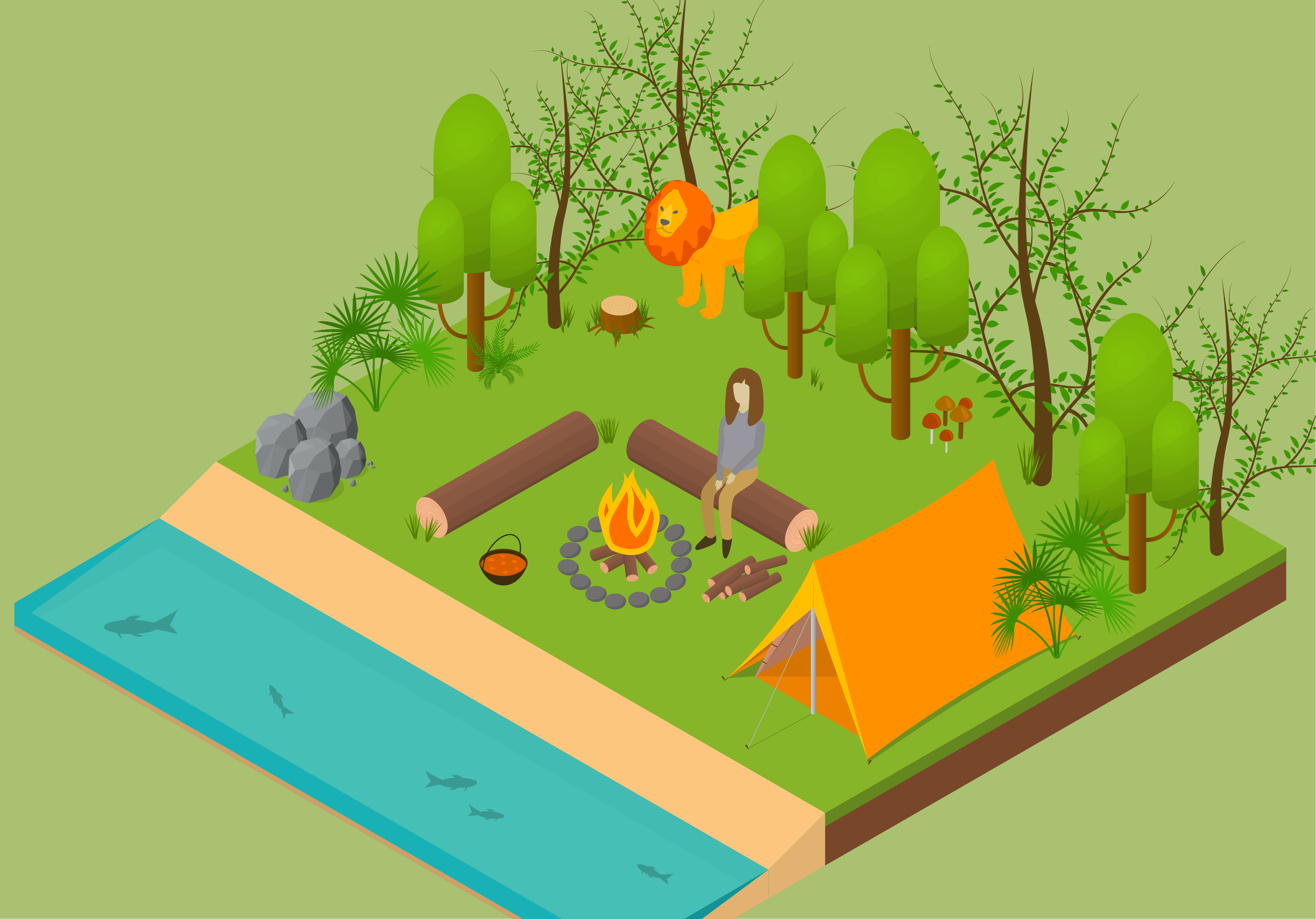 Ilustraci&oacute;n isom&eacute;trica de una mujer acampando en la selva.
