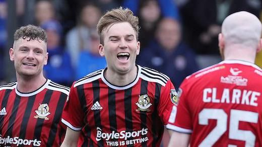 Daniel Larmour celebrates after putting Crusaders 2-1 in front at Seaview