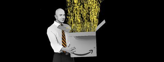 Illustration of Jeff Bezos holding an Amazon delivery box