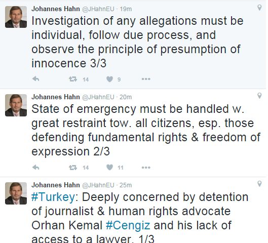 Tweets by Commissioner Johannes Hahn voicing his concern over Turkey's State of Emergency