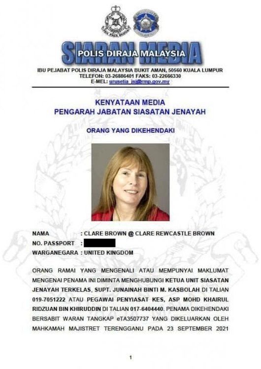 A copy of a Malaysian police arrest warrant from 2021 for Clare Rewcastle Brown