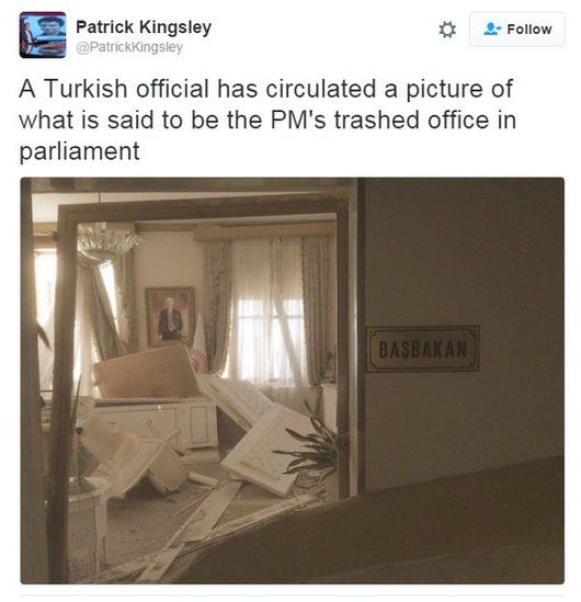 Patrick Kingsley tweets: A Turkish official has circulated a picture of what is said to be the PM's trashed office in parliament