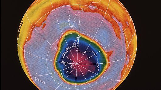 Satellite map showing a severe depletion in the ozone layer over Antarctica in 1990