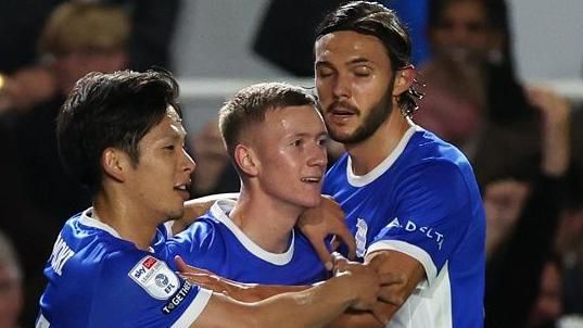 Jay Stansfield of Birmingham City celebrates after levelling with his first goal against Wrexham