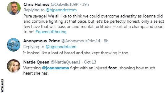 Twitter reaction to Joanna Jedrzejczyk winning with a broken foot