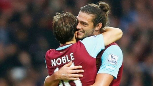Andy Carroll and Mark Noble celebrate West Ham's win