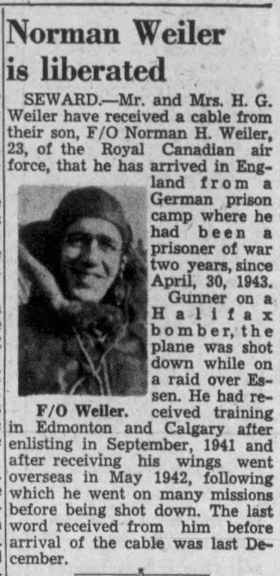 A clipping from the Lincoln Journal Star, reporting that Weiler had been liberated