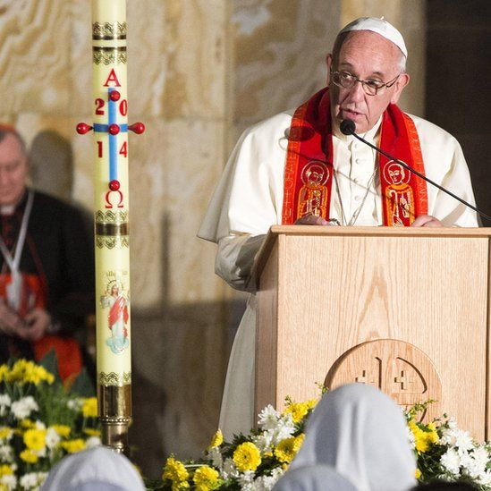 Pope Francis gives a speech at the Church of All Nations in the Garden of Gethsemane, in east Jerusalem, 26 May 14