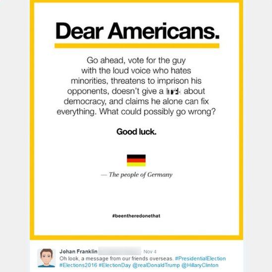 Johan Franklin's 'Dear Americans' note posted on Twitter