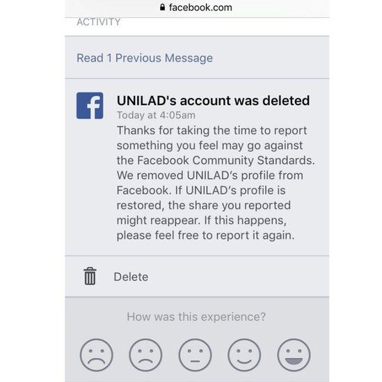 Unilad's account was deleted message