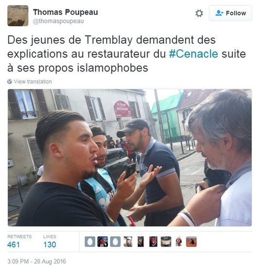 Photo and tweet from Thomas Poupeau saying (in French): "Tremblay youths demand explanation from Cenacle restaurateur following his Islamophobic comments"