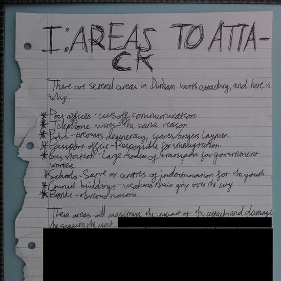 List written by the defendant of areas to attack