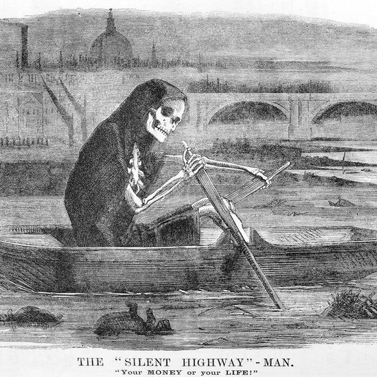 Illustration skeleton rows boat up Thames
