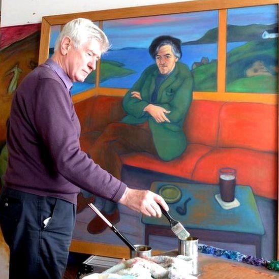 Sandy Moffat with George Mackay Brown painting