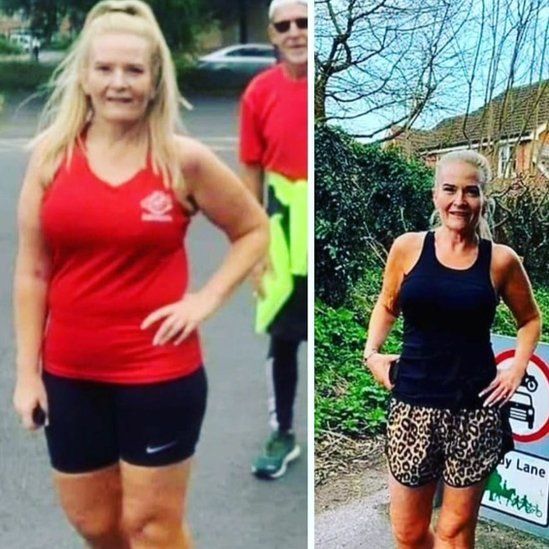 Sarah Jane Clark both before and after losing weight, in exercise gear