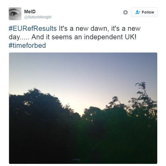 #EURefResults It's a new dawn, it's a new day.....And it seems an independent UK. #Timeforbed