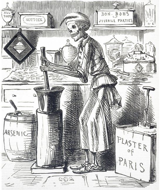 Cartoon titled 'Poisoning by Food Adulteration' by John Leech, inspired by the Bradford food poisonings