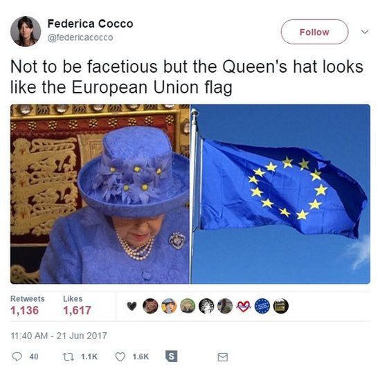 Not to be facetious but the Queen's hat looks like the European Union flag